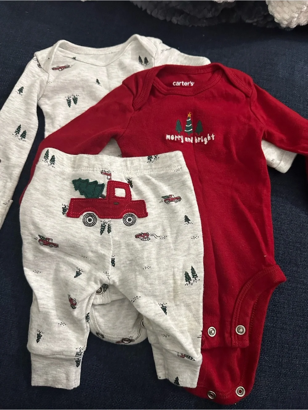 Carter's Red and Light Gray Holiday Onesie + Truck Print Pants